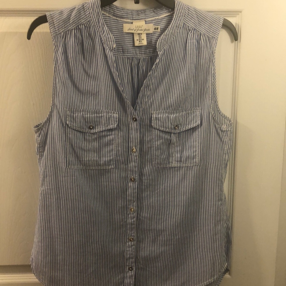 Blue and white button up striped top  Size 6
